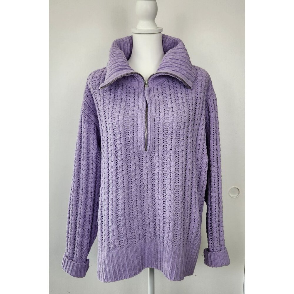 Aerie Cable Car Women's Chunky Open Knit Chenille Quarter Zip Sweater Purple, Lg